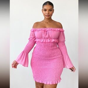 Plus Pink Chiffon Shirred Bodycon Dress - PLT